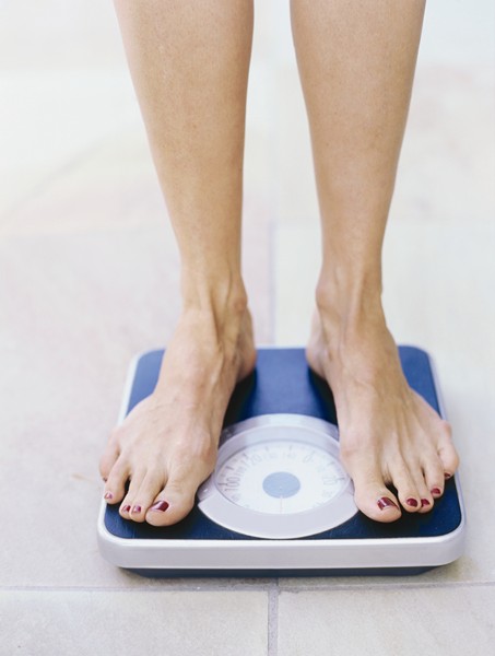 Women on scales show need for healthy weight loss diets to combat obesity epidemic.